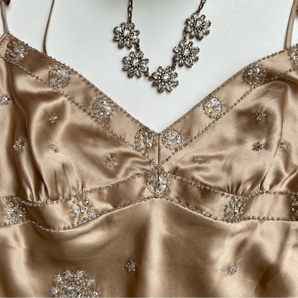 Victoria's Secret Gold Tan Silk Beaded Sequin Cami Spaghetti Strap Baby Doll Top - Picture 7 of 10